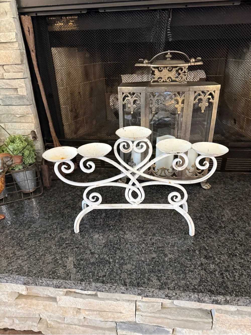 Vintage Cast Iron White Farmhouse 5-Arm Candle Holder with Genuine Patina
